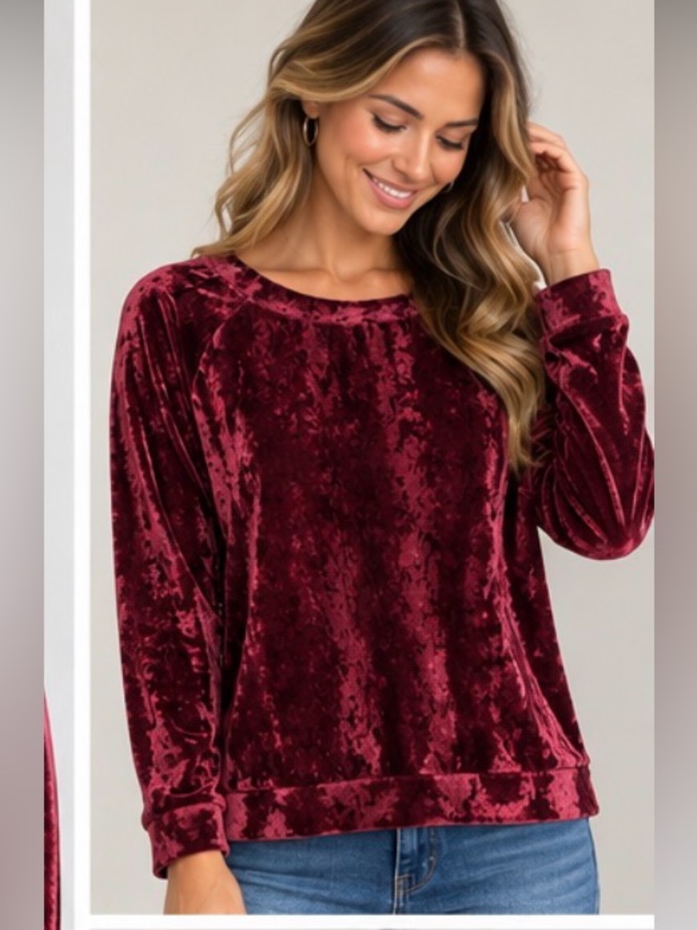 Three Bird Nest Crushed Velvet Long Sleeve Top - Burgundy dark romantic
